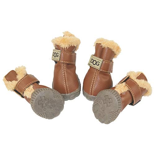 Winter Dog Boots & Paw Protectors: Outdoor Anti-Slip Dog Snow Shoes, Dog Booties Provide Warmth to Dogs Paws from Ice and Snow, Rubber Sole PU Leather Faux Fleece-Lined, Light Brown Dog Shoes Size 8