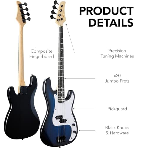 Best Choice Products Full Size Beginner 4-String Electric Bass Guitar, Wooden PB-Style Bass Starter Set w/Padded Carrying Case - Hollywood Blue/White