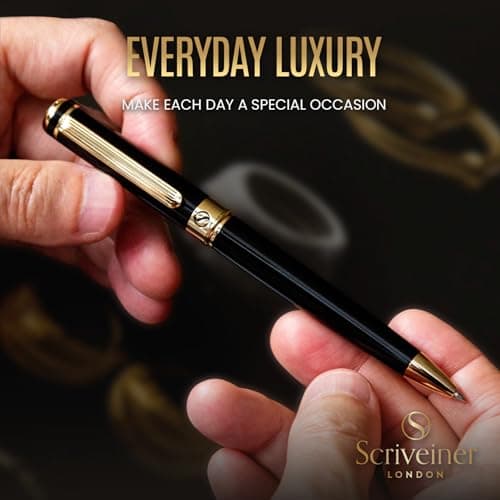 Scriveiner Black Lacquer Ballpoint Pen -Stunning Luxury Pen, Real Gold Plating, Schmidt Black Refill, Best Gift Set for Men & Women, Professional Executive Office, Nice Fancy Designer Pens