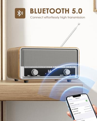 Vintage Wood AM FM Bluetooth Radio with Clock, Digital Clock Radio for Bedroom with LCD Display | 40 Presets | Sleep Timer | No Alarm, Retro Bluetooth Speaker for Office, Kitchen (Wood)