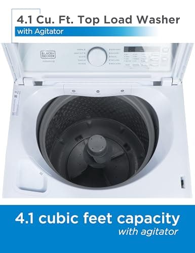 BLACK+DECKER 4.1 Cu. Ft. Top Loading Washing Machine with Agitator, Full Size Washing Machine with Glass Lid and Stainless Steel Tub, Machine with LED Display, 10 Wash Cycles, 120V, BTLW41MW, White