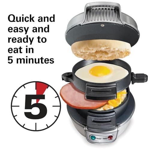 Perfect for English Muffins, Croissants, Mini Waffles | Customizable & Fast | PFAS-Free | Silver | 25475MN Hamilton Beach Breakfast Sandwich Maker with Egg Cooker Ring B00BTIUYOO