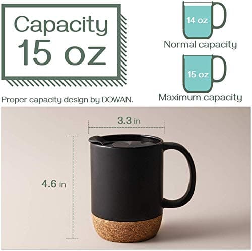 DOWAN Coffee Mugs, 15 oz Mug Set of 2, Large Ceramic Coffee Mug with Cork Bottom and Spill Proof Lid for Mom Dad, Big Mug for Latte Tea, Matte Grey