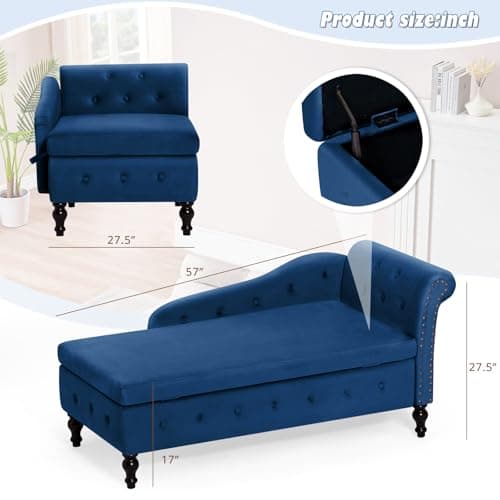 Upholstered Chaise Lounge with Right Armrest & Lumbar Pillow,Button Tufted Lounge Sofa with Storage,Lounge Chair Indoor,Modern Velvet Lounge Chair for Bedroom, Living Room and Office,Blue