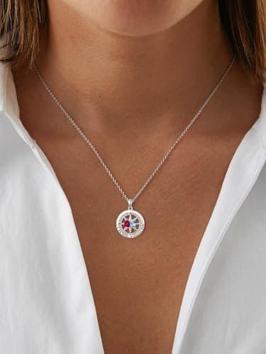 Exquisite Silver Double Birthstone Necklace Jewelry ‘I'd be Lost Without You’ Compass Birthstones Necklace Anniversary Birthday Gift for Wife Her B0GRGDWLWL