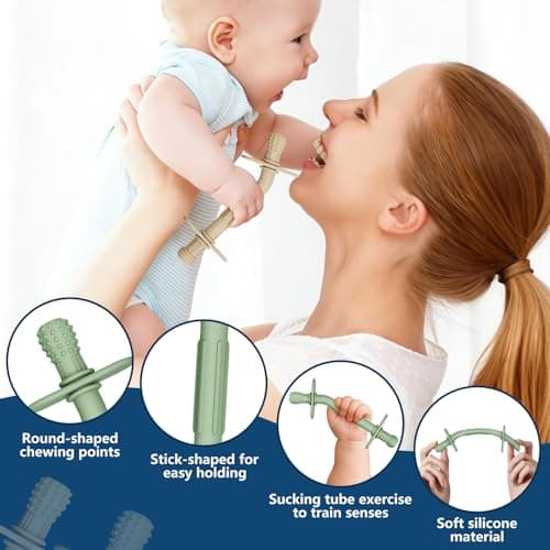 Teething Toys for Babies 36+ Months, 5 Pack Silicone Teething Straws,Soft Chewable Sensory Aid for Molar Discomfort, Infant Oral Development