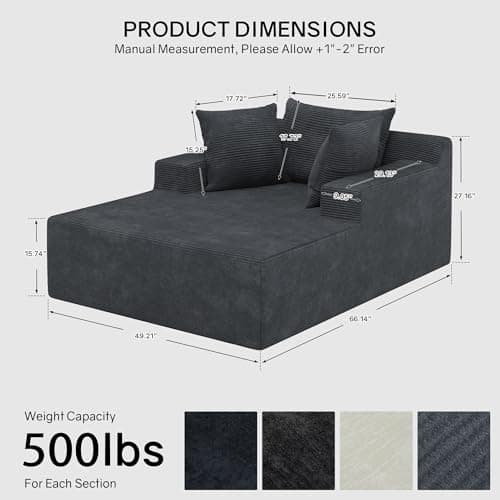 66" Chaise Lounge Chair Indoor, Oversized Boneless Lounge Chair with 3 Pillows, Corduroy Cloud Reading Chair for Living Room Bedroom, Deep Seat Sleeper Couch, No Assembly Required