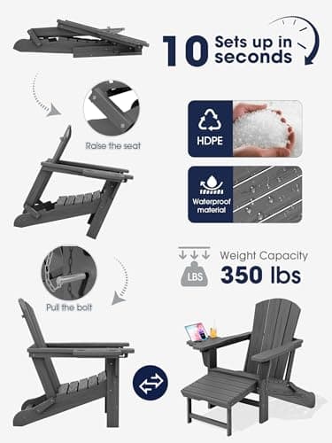KINGYES Adjustable Folding Adirondack Chair with Footrest & 4-in-1 Multi-Functional Armrest Organizer Set of 4, HDPE Foldable Recliner Adirondack Chair with Pull-Out Ottoman, Grey