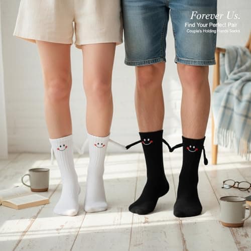 Soft cotton blend, funny 3D holding hands design. Perfect novelty matching socks gift for couples, lovers, and friends. Magnetic Holding Hands Socks for Couples, Cute Novelty Crew Socks B0DJR45VXM