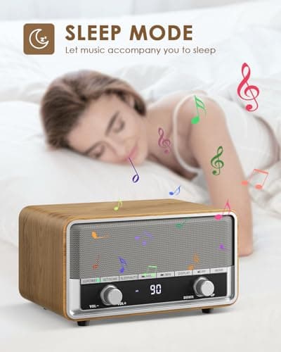 Vintage Wood AM FM Bluetooth Radio with Clock, Digital Clock Radio for Bedroom with LCD Display | 40 Presets | Sleep Timer | No Alarm, Retro Bluetooth Speaker for Office, Kitchen (Wood)
