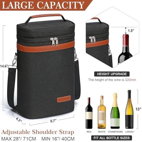 2 Bottle Wine Bag Wine Cooler Carrier Wine Gift Tote Bag, Leakproof & Insulated Bottle Bags for Travel, BYOB, Beach, Dinner, Party, Christmas Gifts for Wines Lovers Women Men - Black
