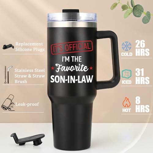 Lifecapido Son in Law Gifts, Favorite SON-IN-LAW 40oz Tumbler with Handle, Birthday Fathers Day Christmas Engagement Wedding Gifts for Son in Law from Mom in Law Dad in Law, Black