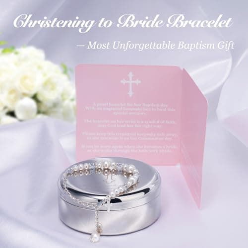 Baptism Bracelet in Sterling Silver and Cultured Pearls for Baby Girls, with Silver-plated Jewelry Keepsake Box, Great Catholic Christening and Baptism Gifts for Girl