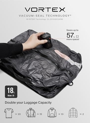 Black Voyage Reusable Vacuum Compression Travel Bag for Carry-On Suitcase and Backpack, Recycled IP67 Waterproof Space Saver Vacpack (2-Pack, 18L - Pump Included)
