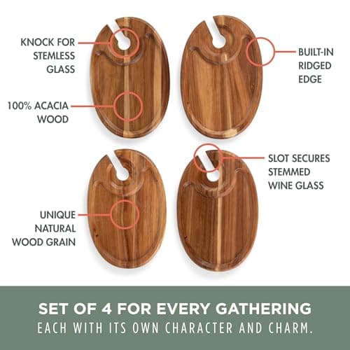 PICNIC TIME Wine Appetizer Plates, Set of 4 Wooden Cocktail Plates with Glass Holder, Mini Charcuterie Boards for Wine and Cheese Parties, Acacia Cheese Board Serving Trays (Oval - Acacia Wood)