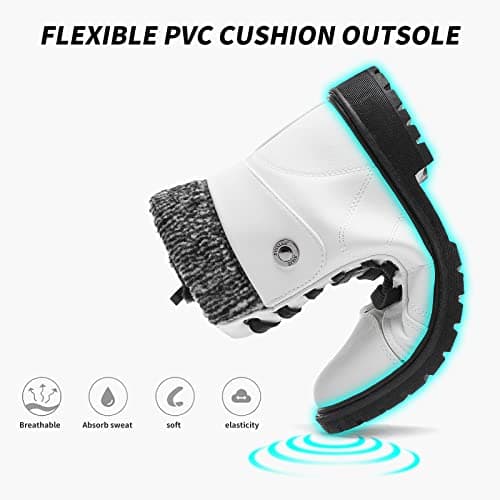 FRACORA Women's PU Leather Combat Boots Warm Fur Lined Black Ankle Booties Side Zipper White Boots Non-slip Winter Boots