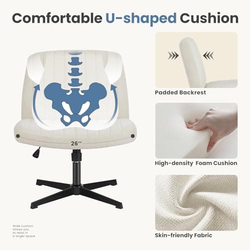 DUMOS Desk Chair No Wheels, Criss Cross Chair Wide Cross Legged Office Desk Vanity Comfy Chair, Armless Adjustable Swivel Chairs for Home Computer Task Beige