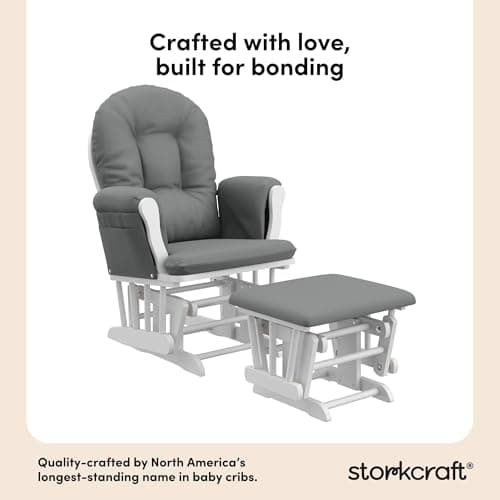 Storkcraft Premium Hoop Glider & Ottoman (White/Gray) — GREENGUARD Gold Certified Nursery Glider, Solid Wood Craftsmanship, Smooth-Gliding, Award-Winning