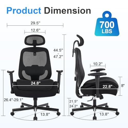 BOSMILLER Big and Tall Office Chair with Wide Thick Seat Cushion for Heavy People,700lbs Ergonomic Mesh Desk Chair with Adjustable Lumbar Support and Headrest, Armrests for Adults Sitting All Day