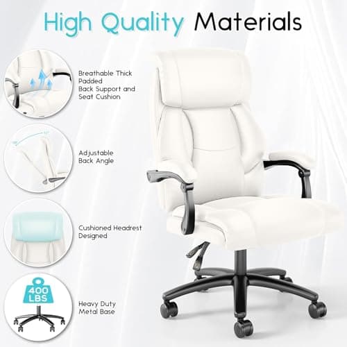 Ollega Reclining Office Chair, Executive Big and Tall Office Chair with Wide Seat, Recliner Leather High Back Computer Desk Chairs (White)