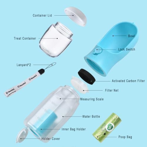 Feeding & Hydration & Waste All in One | Travel Puppy Water Bowl | Portable Pet Dispenser | Dog Gifts | for Walking Beach Cibaabo Dog Water Bottle with Food Container & Poop Bag Holder & Filter B0BZR44DQF
