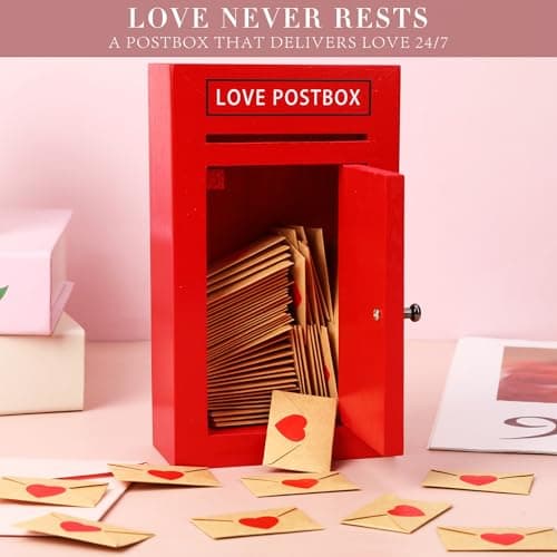 Red Wooden Mailbox, Interactive Opening Door, Cute Christmas Anniversary Valentines Day Gifts for Him Husband Boyfriend Romantic Wooden Love Postbox Set, 50 Mini Love Notes and Envelopes B0DQVG86TF