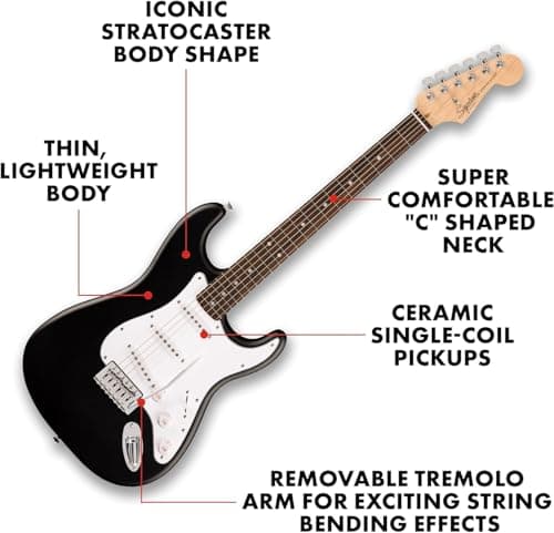 Fender Squier Debut Series Stratocaster Electric Guitar Kit, Beginner Guitar Kit, with 2-Year Warranty, with Padded Gig Bag, Frontman 10G Amp, Strap, and More, Includes Free Lessons, Black
