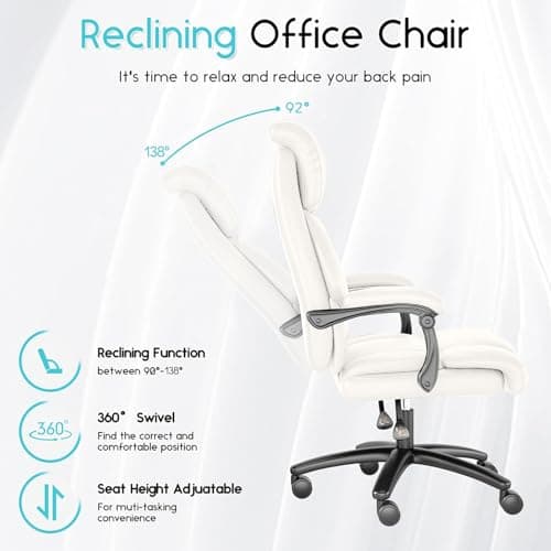 Ollega Reclining Office Chair, Executive Big and Tall Office Chair with Wide Seat, Recliner Leather High Back Computer Desk Chairs (White)