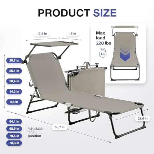 ComfySure Folding Outdoor Lounge Chair Set of 2 with Adjustable Shade Canopy, Portable Sun Tanning Chairs, Gray (1, Taupe)