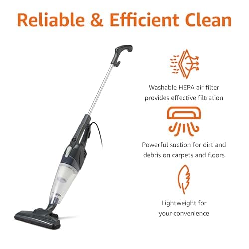 Amazon Basics 2-in-1 Corded Stick Vacuum Cleaner, Convertible to Handheld, Lightweight (3.9 LBS), with Washable HEPA Filter, Crevice Tools, 0.5L Dust Cup, 19.7-Ft Cord, 300W, Black