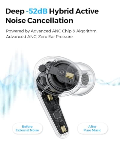 SOUNDPEATS C30 Hybrid ANC Earbuds with LDAC Hi-Res Audio, 52H Playtime -52dB Adaptive Noise Cancelling Wireless Earbuds, 6-Mic Clear Call, 12mm Driver, Bluetooth 6.0, Multi-Point, IP54 for Work/Travel