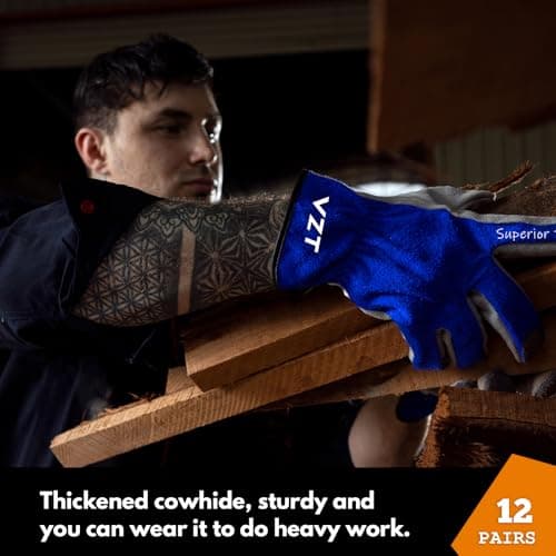 VZT 12 Pairs Bulk Winter Leather Work Gloves for Men or Women for Construction, Wood cutting, Driving, Water Resistant, Keep warm, Soft, Cowhide, Class 4 Abrasion Resistant, Blue-White, XL