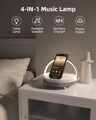 EZVALO Gift for Her, Music Table Lamp with Wireless Charger, 4 in 1 Touch Bedside Lamp, Portable Bluetooth Speaker, Phone Holder, Dimmable LED Night Lights Birthday Gifts for Women, Men, Dad, Mom