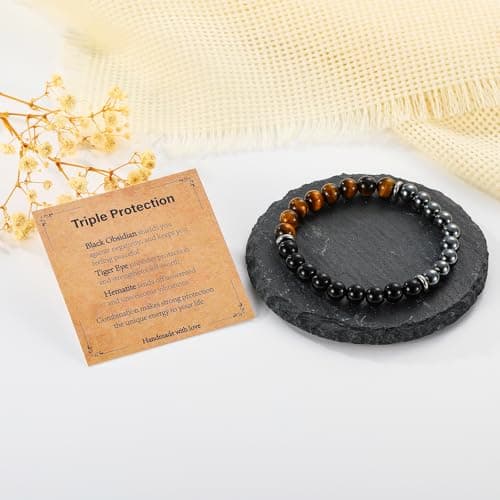 Bracelet Gifts for Men, Triple Protection Black Obsidian Hematite Tiger Eye Beaded Natural Stone Bracelets Birthday Christmas Stocking Stuffers Healing Jewelry Gifts for Him