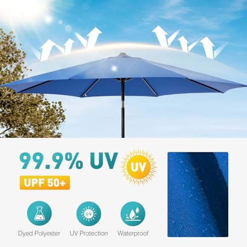 OLIXIS 9ft Patio Umbrella with Tilt and Crank Button & 8 Sturdy Ribs Waterproof, Patio Table Umbrella Perfect for Poolside, Terrace, Beach and Outdoor Restaurant, Blue