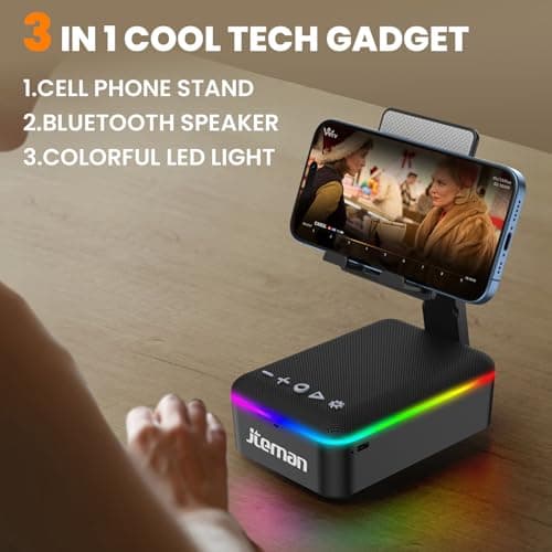JTEMAN Gifts for Men Women,Cell Phone Stand with Bluetooth Speaker,LED Light,and Lanyard,Cool Tech Gadgets,Unique Birthday Gifts for Men Husband Mom Dad