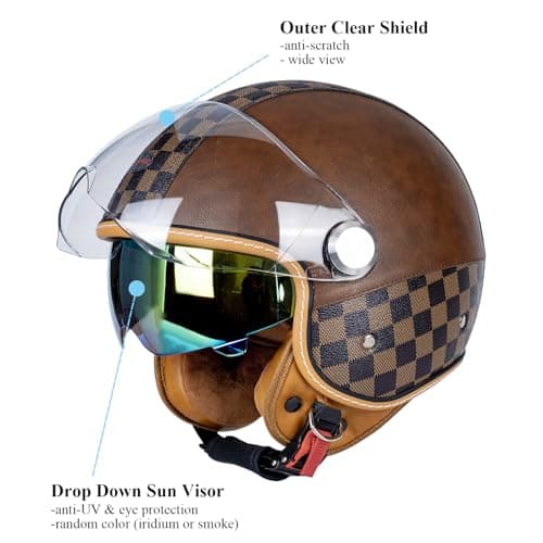 Dual Visor 3/4 Open Face Motorcycle Helmet for Men & Women, DOT Approved Unisex Retro Half Helmet,Motorbike Casco for Moped Cruiser Bobber and Chopper