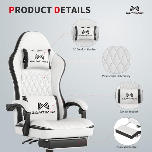 Gamtimer Gaming Chair with Footrest, Ergonomic Computer Chair, PU Breathable Material with Headrest and Lumbar Support, Suitable for Silla Gamer and Adults (White)