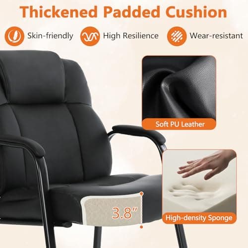 CLATINA Big and Tall Office Chair 500lbs Leather Reception Chair with Bonded Padded Armrest Wide Seat Sled Base Desk Chair No Wheels for Reception Conference Waiting Room Side Office Home, Black