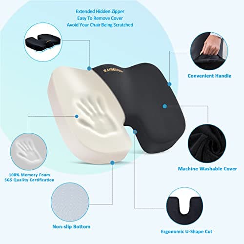 SAIREIDER Seat Cushion and Lumbar Support Pillow for Office Chair, Memory Foam Car Seat Cushions Back Support Pillows, Help Relieve Pain of Back, Lumbar, Tailbone and Sciatic Nerve(Black)