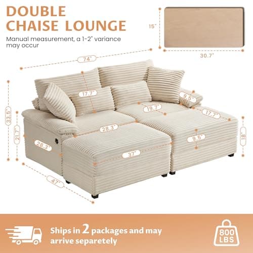 SUNWAVE 74" W Double Chaise Lounge Chair Indoor, Oversized Loveseat with Storage Ottoman, Corduroy Couch with USB Charging, Removable Ottoman, and Coffee Table Cushions for Living Room Bedroom
