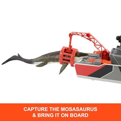 Matchbox Toy Car Playset, Jurassic World 12.5” Dino Boat with 13” Mosasaurus Dinosaur, 1:64 Die-Cast Jeep, Harpoon Missiles & Detachable Rescue Boat