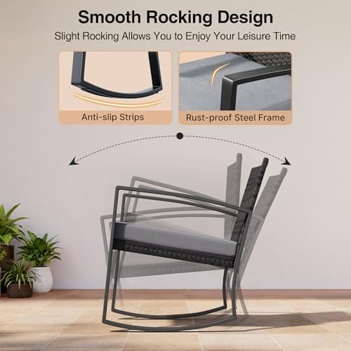 3 Pieces Outdoor Patio Furniture Set Rocking Bistro Set Outdoor Rattan Conversation with Coffee Table for Garden Balcony Backyard Poolside (Grey Cushion)