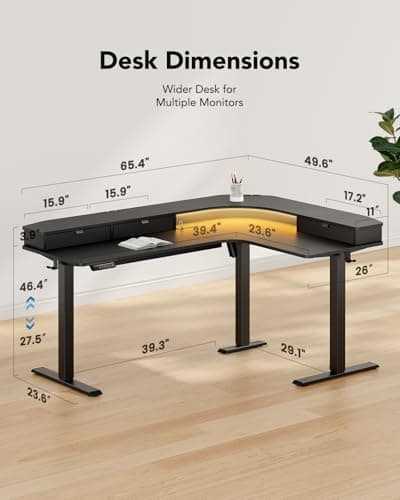 HUANUO 65″ L-Shaped Standing Desk with Power Outlets & LED Strip, Electric Height Adjustable Corner Computer Desk, Sit Stand Up Desk with 3 Drawers, Black