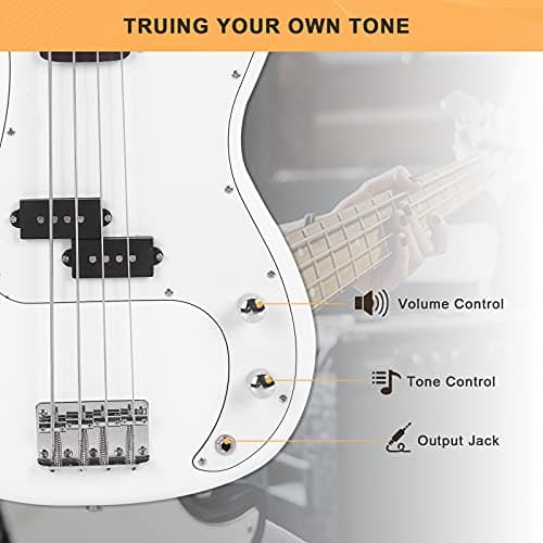 GLARRY Full Size Electric Bass Guitar Beginner Kit 4 String Exquisite Basswood Bass with 20W AMP, Cable, Strap, Bag and Accessories (White, 39"Right Handed)