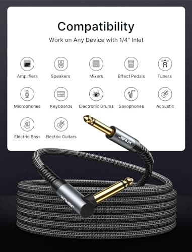 JSAUX Guitar Cable 10 ft, Amp Cord for Electric Guitar/Mandolin/Bass, Pro Audio Instrument Cable with 1/4" Tips(TS Port) Right Angle to Straight-Gray