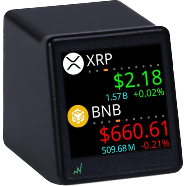 Bitcoin Ticker - Real-Time Crypto Price Display (1.54" Diagonal) for Top 1,000 Coins Like Bitcoin, Ethereum, Dogecoin, and 997 more. Compact Size, Ideal for Desk or Nightstand. Uses Wi-Fi.