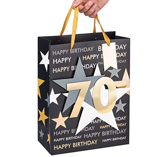 Loveinside Birthday Gift Bag with Tissue Paper and Greeting Card for 70 Birthday - 10" x 5" x 13", 1 Pcs, Black Gold