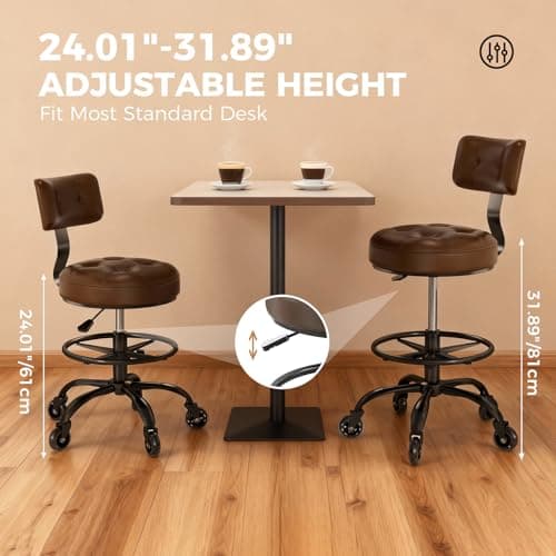 Office Drafting Chair with Footrest, Tall Height Adjustable Stool with Back Support, Heavy Duty Rolling Stool Chair with Wheels for Office Home Kitchen Bar Shop Guitar Studio Vanity, Brown