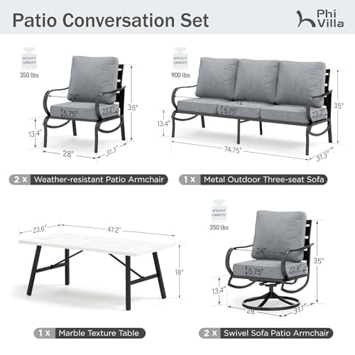 PHI VILLA 6 PCS Patio Furniture Sets with 2*Swivel Cushioned Sofa Chairs, 2* Leg Chairs, 1 * 3-Seat Wide Deep Seating Bench and 1*Coffee Table, Outdoor Conversation Set for 7 Person(Grey)